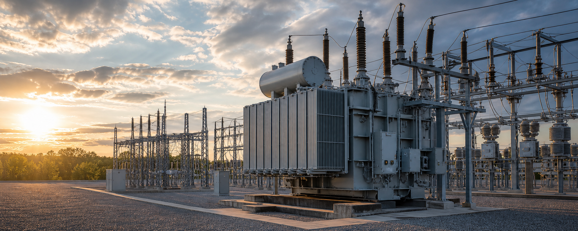 Electrical transformer substation at sunset