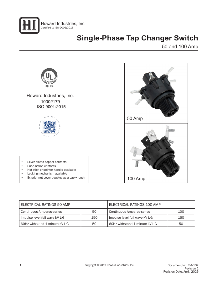 Howard Single Phase Tap Changer Switch
